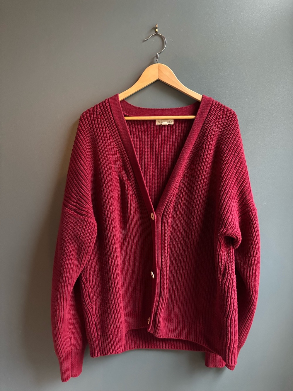 Tradlands Shelter Cotton Cardigan XL Jam Burgundy Chunky Rib Knit 3 Button